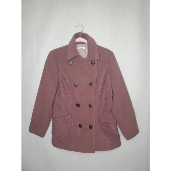 Simply Noelle Double Breasted Soft Cocoa Mauve Lace Embellished Peacoat - Picture 2 of 12